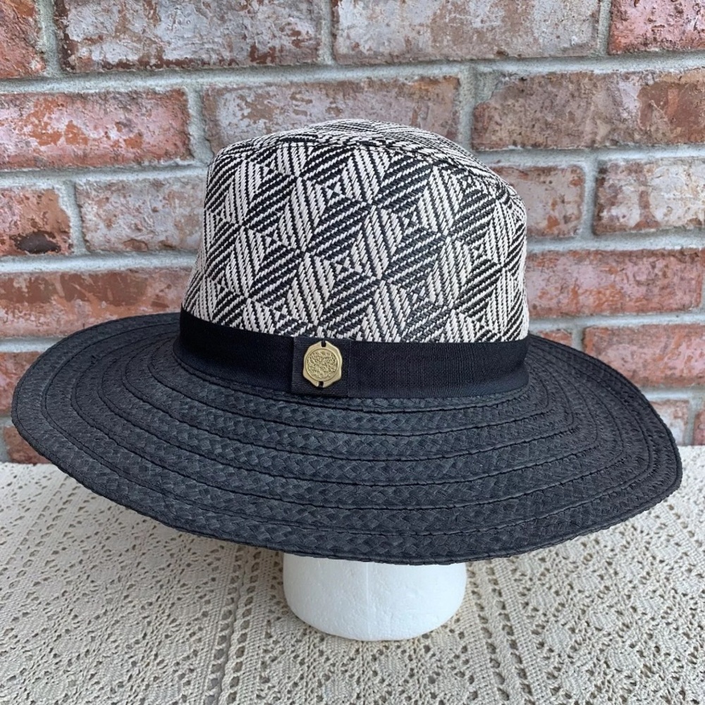 Vince Camuto Panama Tweed Paper Straw Sun Hat Black Tan Check